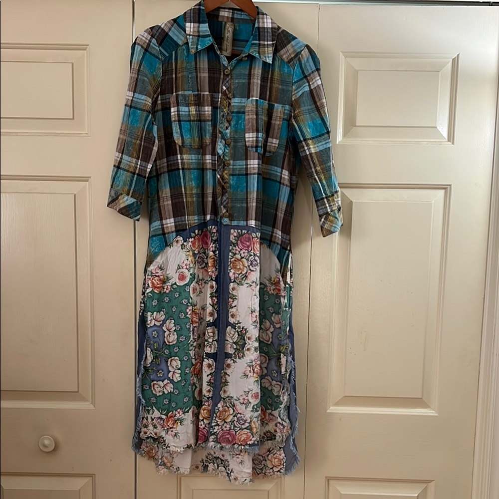 Aratta Silent Journey Boho Chic Duster in Teal and Brown, Unique, Size Medium